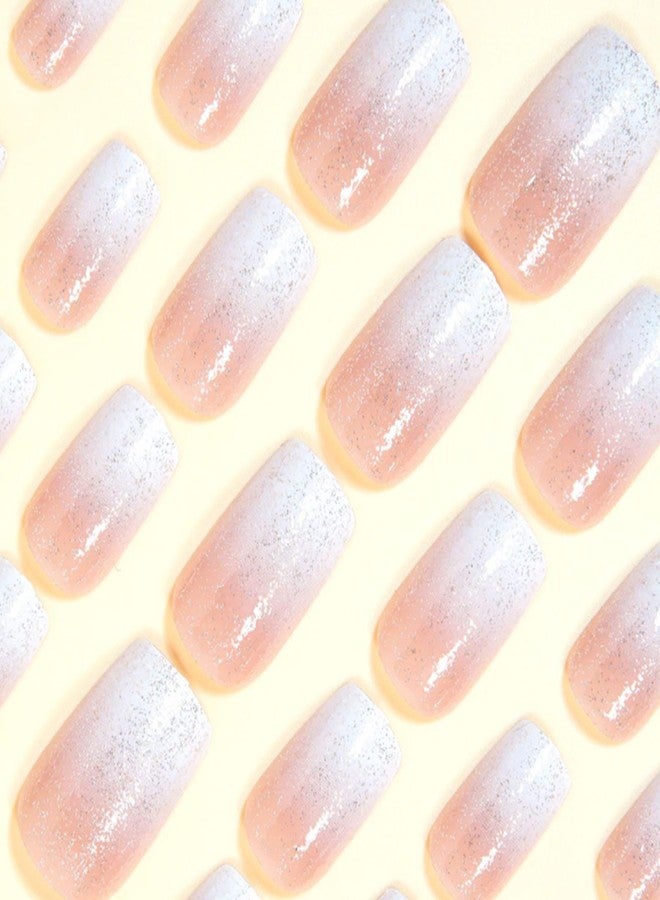 YoYoee Short Square Press on Nails - Nude False Nails Gradient Fake Nails Galaxy Full Cover Acrylic Nails Tips for Women 24Pes - Image 3